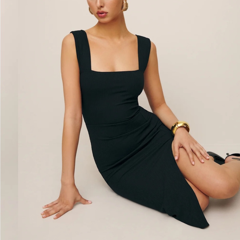 Reformation Black Ruched Asymmetrical Sheath Dress
